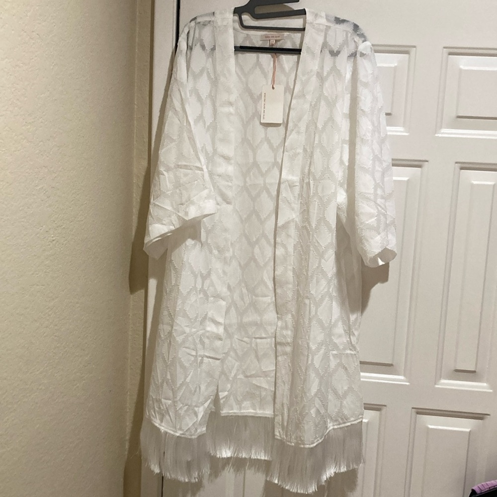 Skies are blue white duster/ bathing suit cover with fringe